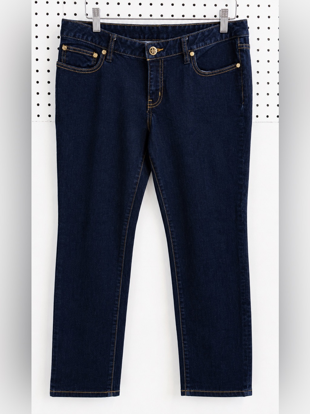 Tory Burch EUC Super Skinny Jeans Dark Indigo Size 31 Embroidered Logo